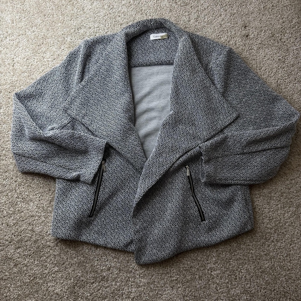 Calvin Klein Jacket Womens Large Gray Knit Open Front Zip Pockets Unlined
